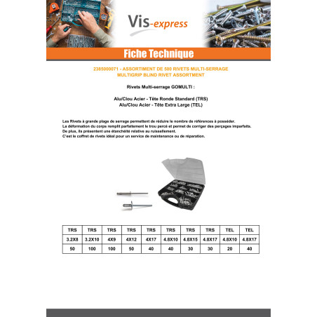 1 x Assortiment van 500 Multigrip blindklinknagels Aluminium Staalstaaf DEGOMETAL