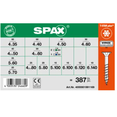 1 x Assortiment van 364 Houtschroeven gefreesde kop T-STAR WIROX + 3 Bit