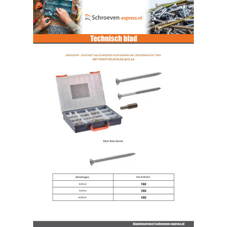 1 x Assortiment van 1666 Agglo houtschroeven gefreesde kop TX + Bit A4 RVS