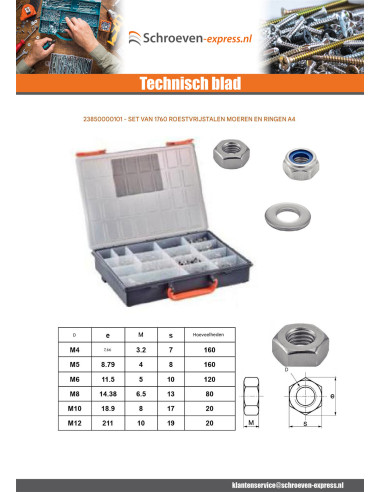 1 x Assortiment van 1760 Moer en Sluitring A4 RVS