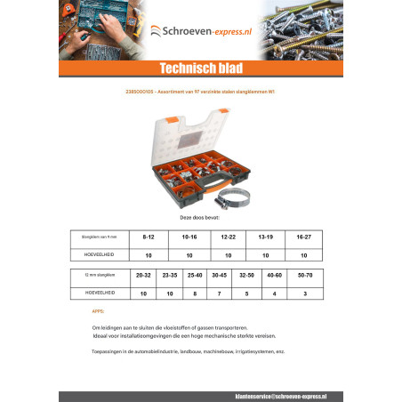 1 x Assortiment van 97 Slangklem van Aanspannen Verzinkt staal W1