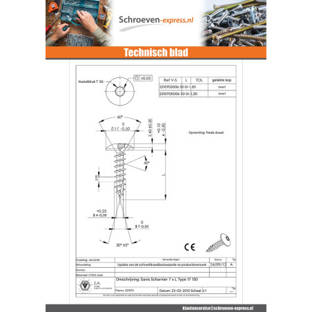 1 x TEKOR houtschroeven Schroeven scharnier 7X30 bedraad op 30 TORX T30 Zwart gegalvaniseerd staal anti-splijtpunt type 17