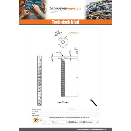 1 x Metalen schroeven plat sleutel van 4 M6X25 Wit verzinkt staal kop RAL9010 zuiver wit