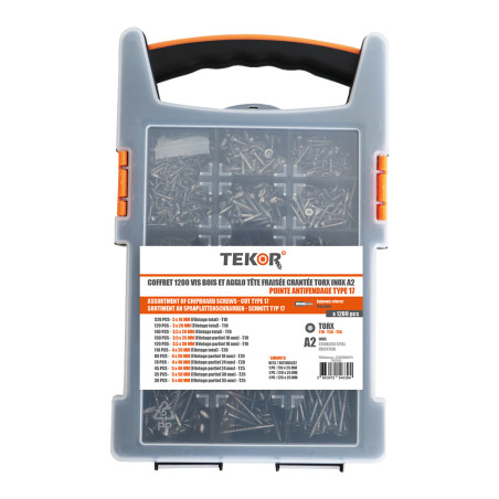 1 x Assortiment van 1200 TEKOR houtschroeven gefreesde kop kartel TORX RVS A2