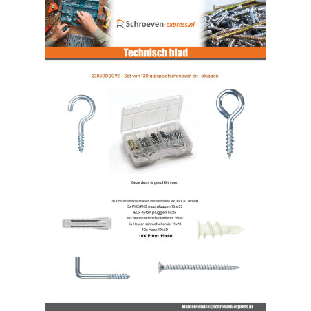 1 x Assortiment van 130 Schroeven en Plug gipsplaten