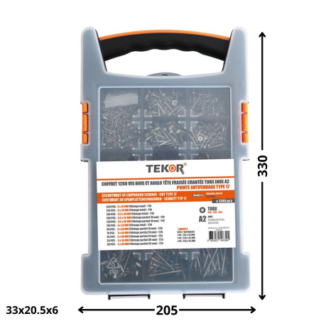 1 x Assortiment van 1200 TEKOR houtschroeven gefreesde kop kartel TORX RVS A2