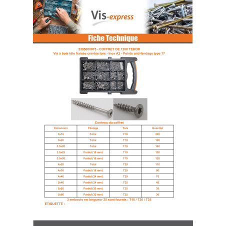 1 x Assortiment van 1200 TEKOR houtschroeven gefreesde kop kartel TORX RVS A2