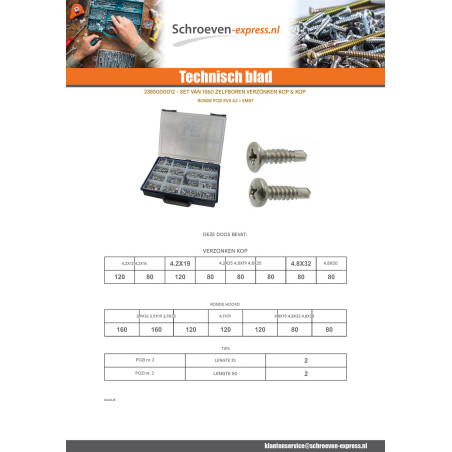 1 x Assortiment van 1540 Zelfborende schroef gefreesde kop ronde kop Pozi RVS A2 Bit