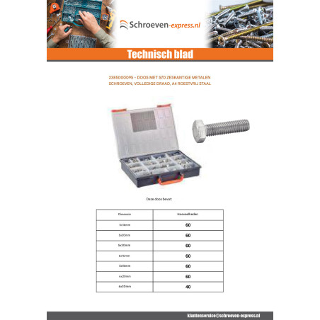 1 x Assortiment van 570 Metalen schroeven zeskantkop TH volledige draad A4 RVS