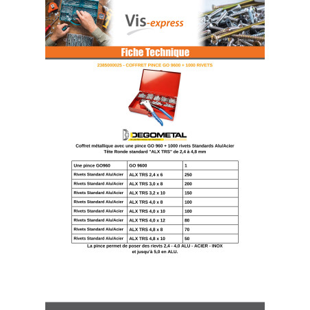 1 x Assortiment van Tang GO9600 + 100 Klinknagel DEGOMETAL