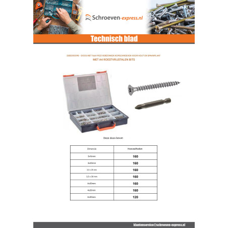 1 x Assortiment van 1664 Agglo houtschroeven gefreesde kop Pozi + Bit A4 RVS