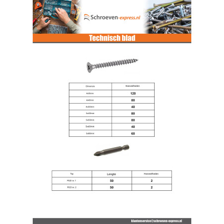 1 x Assortiment van 1664 Agglo houtschroeven gefreesde kop Pozi + Bit A4 RVS