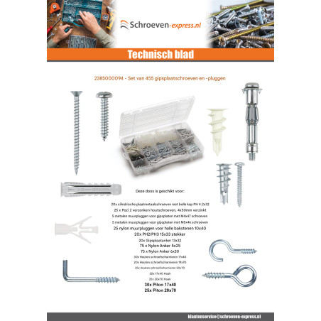 1 x Assortiment van 455 Schroeven en Plug gipsplaten