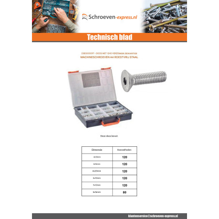 1 x Assortiment van 1240 Metalen schroeven FHC verzonken kop met zeskant print A4 RVS