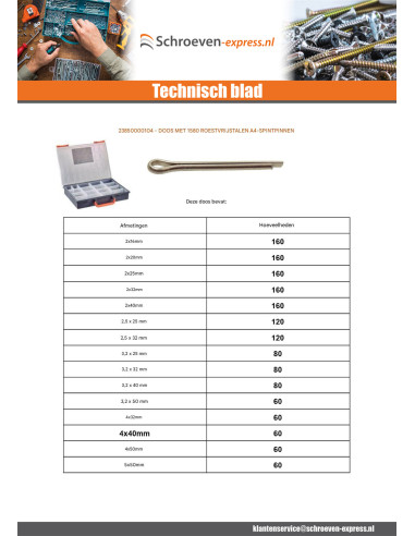1 x Assortiment van 1580 Splitpen split A4 RVS