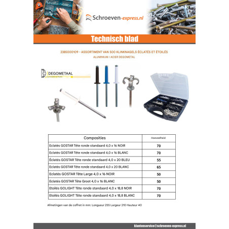 1 x Assortiment van 500 Klinknagel GOSTAR GOLIGHT Aluminium Staalstaaf DEGOMETAL