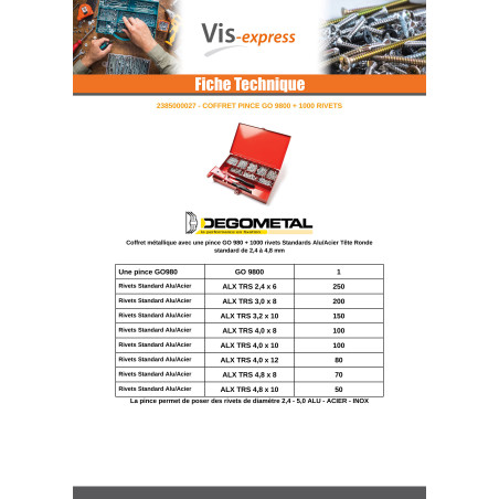 1 x Assortiment van Tang GO9800 + 1000 Klinknagel DEGOMETAL