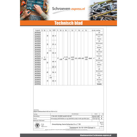 1 x Schroeven scharnier 7X50 gedeeltelijke draad TORX T30 Wit verzinkt staal
