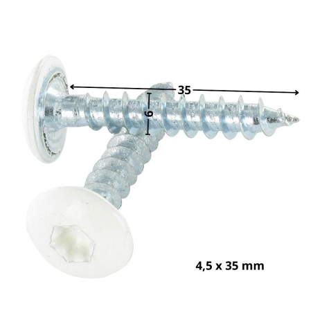1 x Schroeven scharnier 6X35 gedeeltelijke draad TORX T30 Wit verzinkt staal witte lak RAL9010 zuiver wit