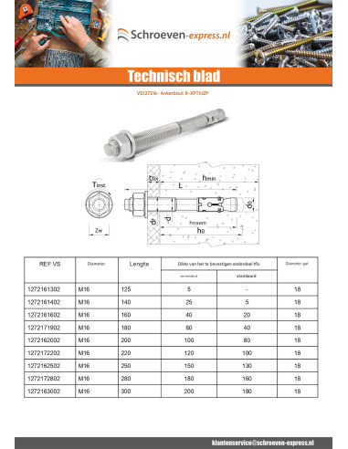1 x Bout Verankering R-XPTIIIZP M16X160 Wit...