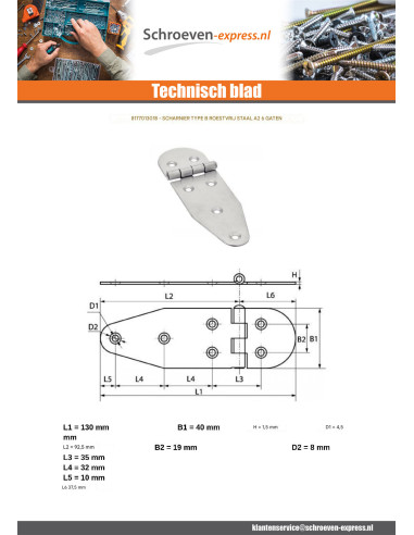 1 x Scharnier Type B 6 gaten RVS A2 130X40
