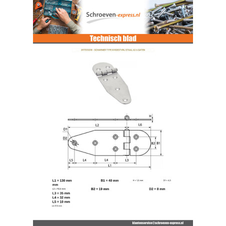 1 x Scharnier Type B 6 gaten RVS A2 130X40