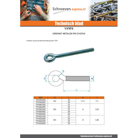 1 x Oogschroef metalen M6X80 diameter oog 10 Wit verzinkt staal