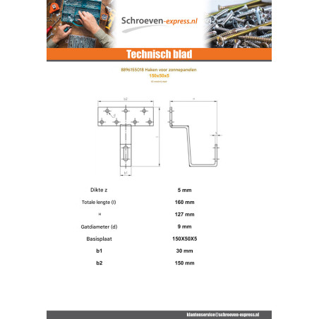 1 x Haak voor zonnepaneel 150x50x5 RVS A2