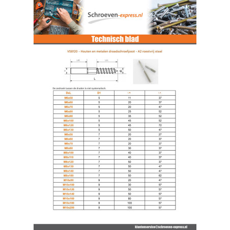 1 x Houten schroefbeugel en metalen RVS A2 8X100