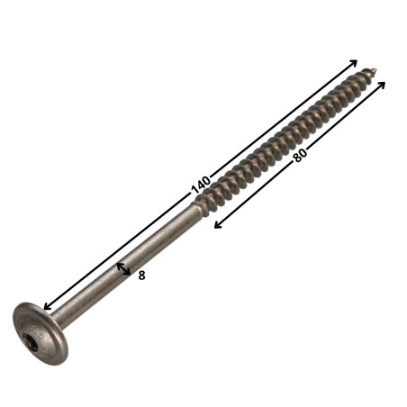 1 x Houtconstructieschroef schrijfkop RVS A2 8X140 bedraad op 80 TORX T40 kopdiameter 20