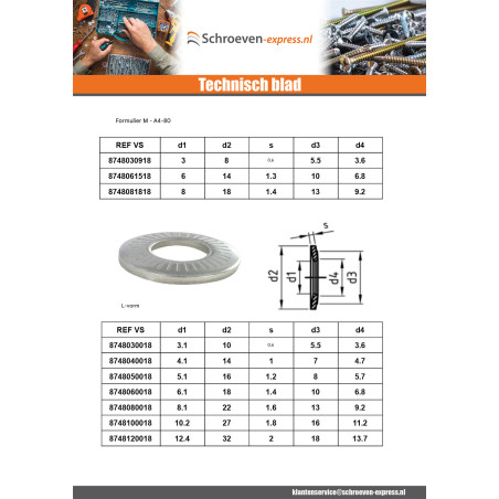 1 x Contact ringen A4 RVS M3X10X0.6 L