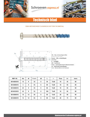 1 x Betonschroeven cilindrische kop TORX T40...