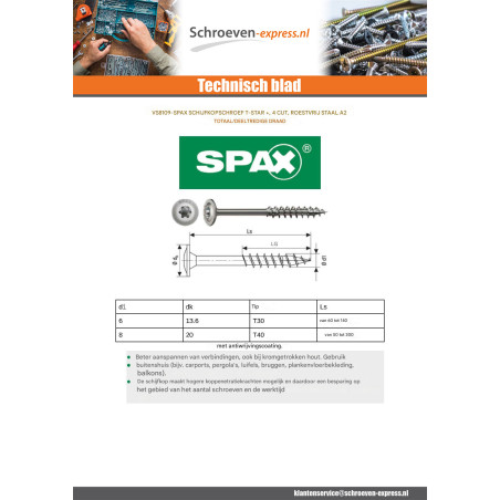 1 x SPAX Houtconstructieschroef schrijfkop RVS A2 8x80 volledige draad TORX T40