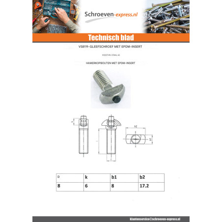 1 x Metalen schroeven hamerkop 17.2X8X6 EDPM M8X22 RVS A2