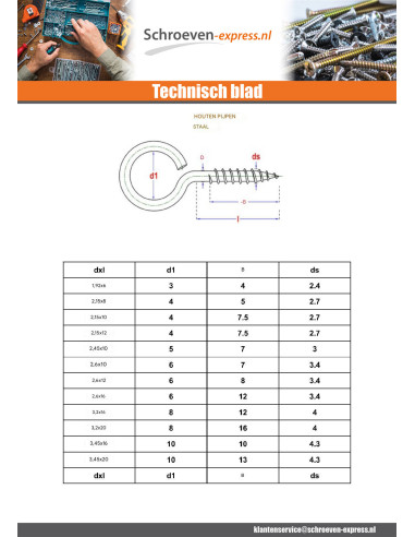 1 x Oogschroef hout 3.45X30 oog 10 Wit verzinkt...